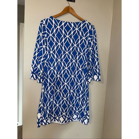 Crown & Ivy Size S Wide Sleeve V-Neck Mini Tunic Dress Blue White Geo Print - Picture 7 of 9